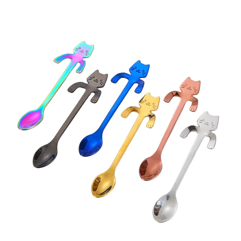 Wholesale Eco-Friendly Food Grade Cat Shaped Long Short Cute Stainless Steel 304 Metal Coffee Tea Spoon