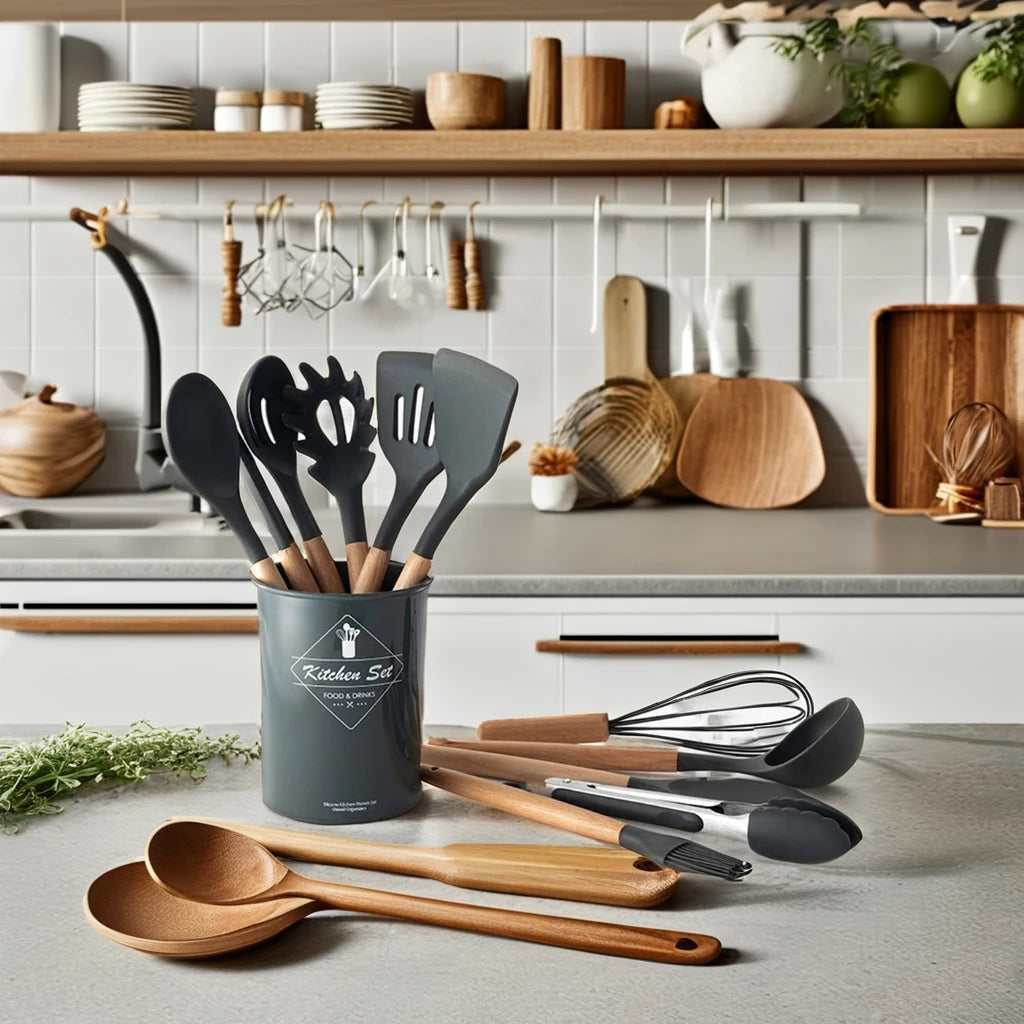Silicone Non-Stick Kitchen Utensil Set Stylish Heat Resistant Cookware Including Spatula Spoon Non-Toxic Accessory