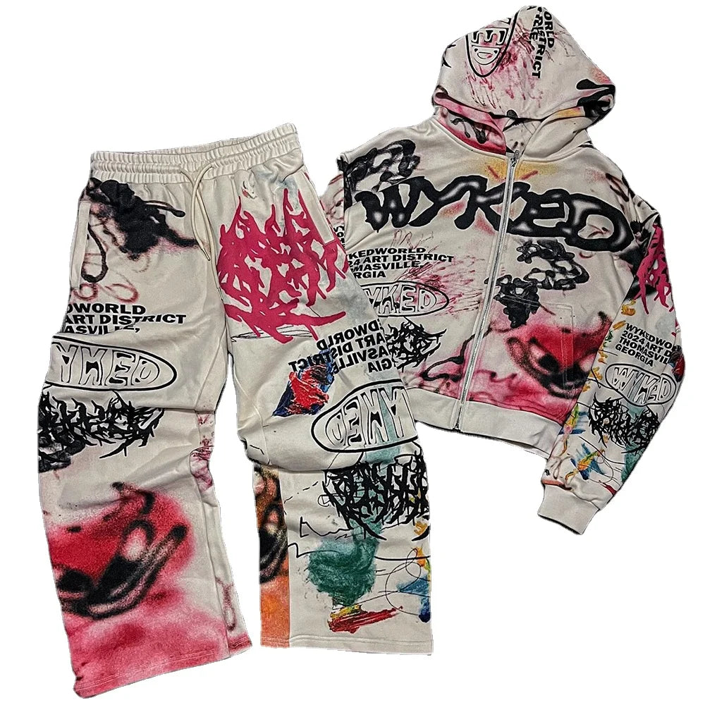 Custom Graffiti Dtg logo Unisex Stacked Pants Sweatsuit Flared Manufacturer Tracksuits for Men Sweatpants and Hoodie Set