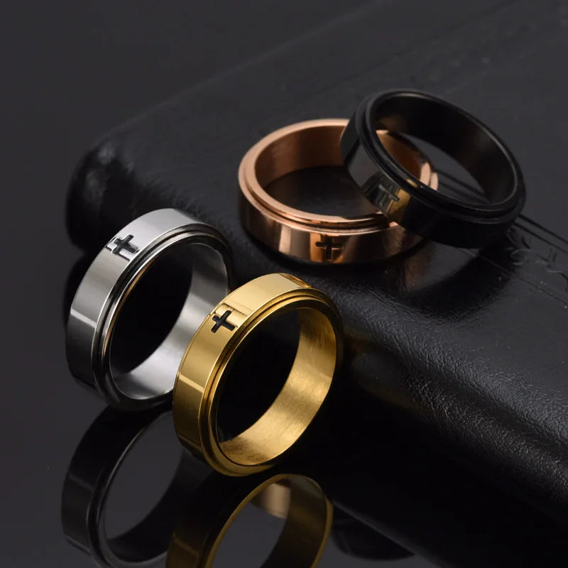 Simple Titanium Stainless Steel Men's and Women's Cross Decompression Spinner Anxiety Ring for Men