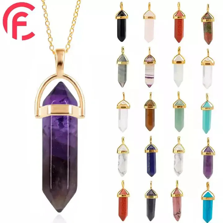 Factory Wholesale Natural Stone Crystal Stone Quartz Golden Head Hexagonal Pendant Necklace Agate Bullet Pendant Necklace
