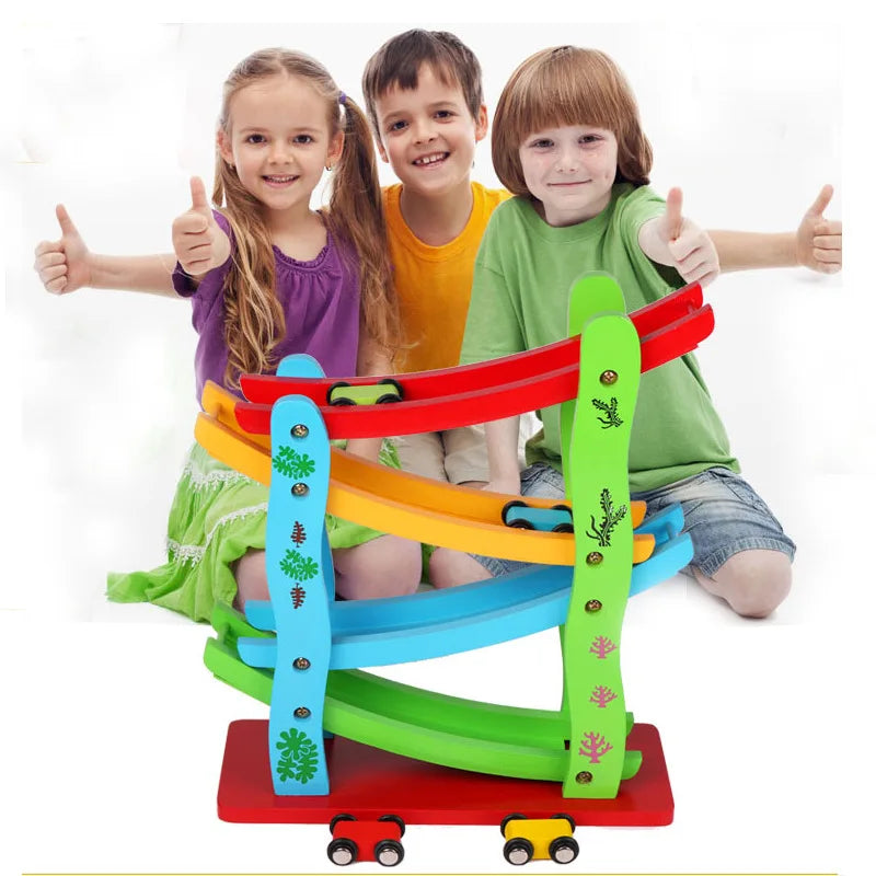 Gliding Car Wooden Ladder Track Car Toys Children 4 Level Sliding Track Game Kids Early Learning Educational Toy