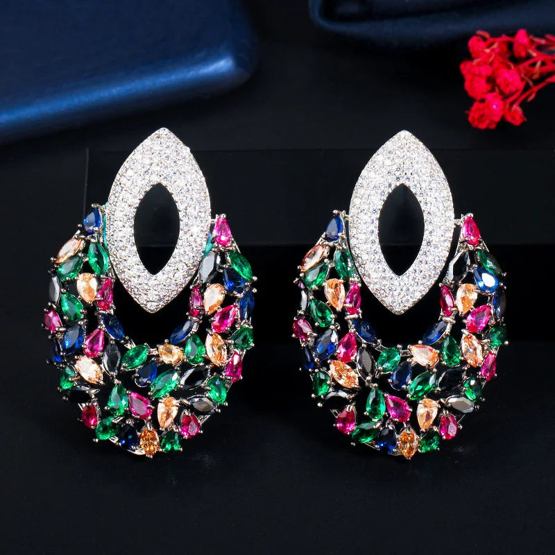Women Big Chunky Earrings Multicolor Cubic Zirconia Claw Setting Geometric Stud Drop Earrings CZ Retro Costume Jewelry for Party