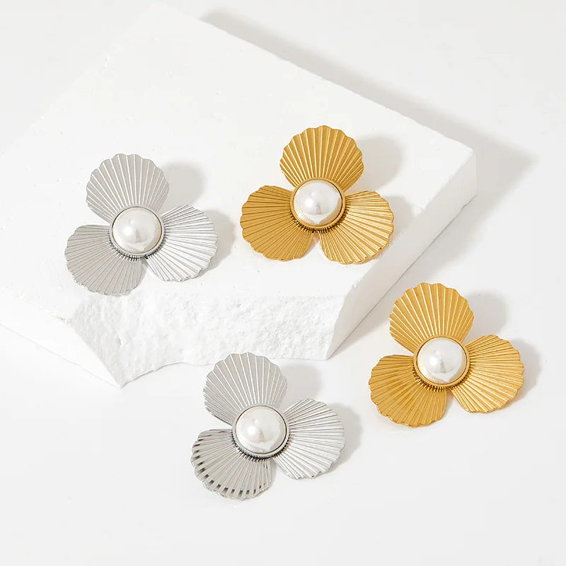 New Arrival Party Valentines Gift Jewelry Stainless Steel Gold Plated Women'S Pearl Big Flower Stud Earrings