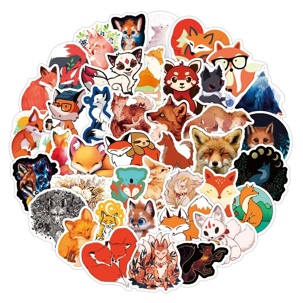 50Pcs Smart Fox Cute Animal Decor Sticker for Girl Cartoon Waterproof Vinyl Home Decorative Luggage Laptop Stickers