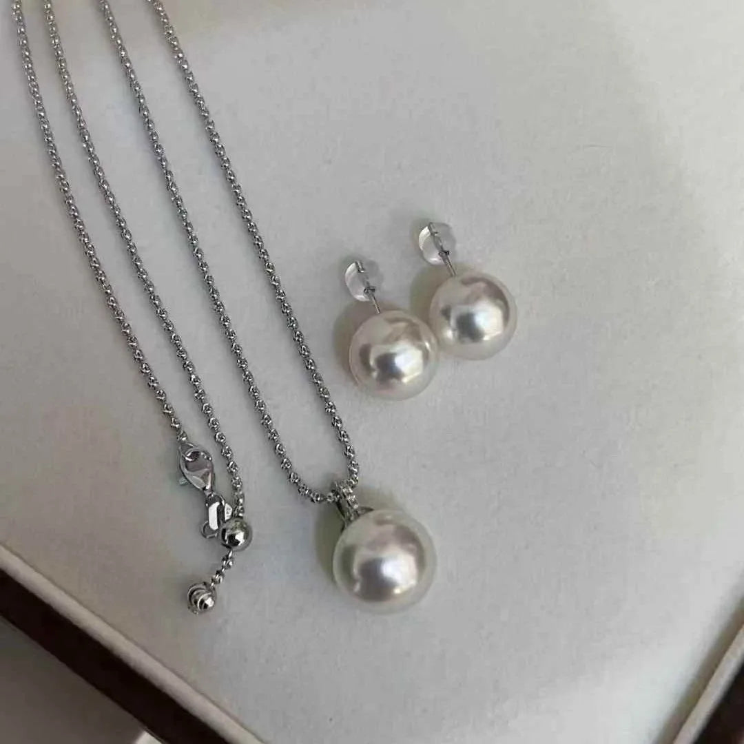 Butterfly Shell Freshwater Akoya Pearl Necklace and Asymmetric Earring Set 7-8mm Round Natural for Engagement