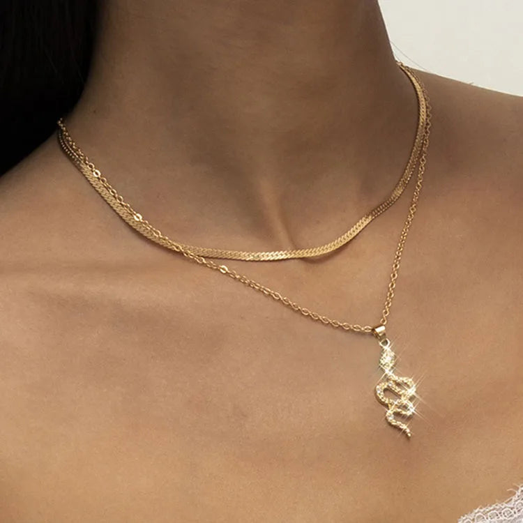 SC Attractive Gold Necklaces Micro Diamond Layered Necklace Shiny  Simple Retro Flat Snake Chain Necklace for Women