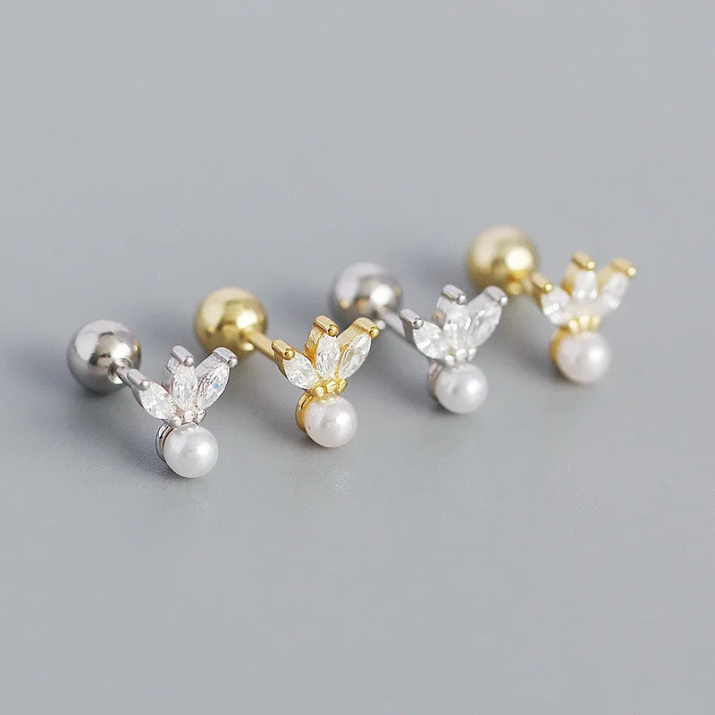White Cubic Zirconia Pearls Jewelry 18K Gold Dainty Custom 925 Sterling Silver Stud Earrings Screw Back
