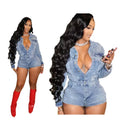New Arrival Denim Jumpsuit Ladies One Piece Long Sleeve Shorts Casual Bodycon Jumpsuit