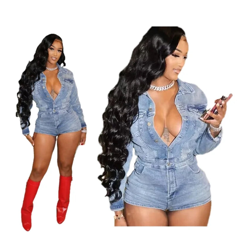 New Arrival Denim Jumpsuit Ladies One Piece Long Sleeve Shorts Casual Bodycon Jumpsuit