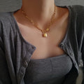 Hot Selling 18K Gold Plated Stainless Steel Rectangle Chain Necklace Padlock Lock Pendant Necklace for Women