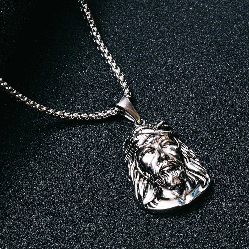 Vintage Religious Vitruvian Man Necklace Christian Jewelry Jesus Pendant Stainless Steel Silver Jesus Head Face Charm Necklace