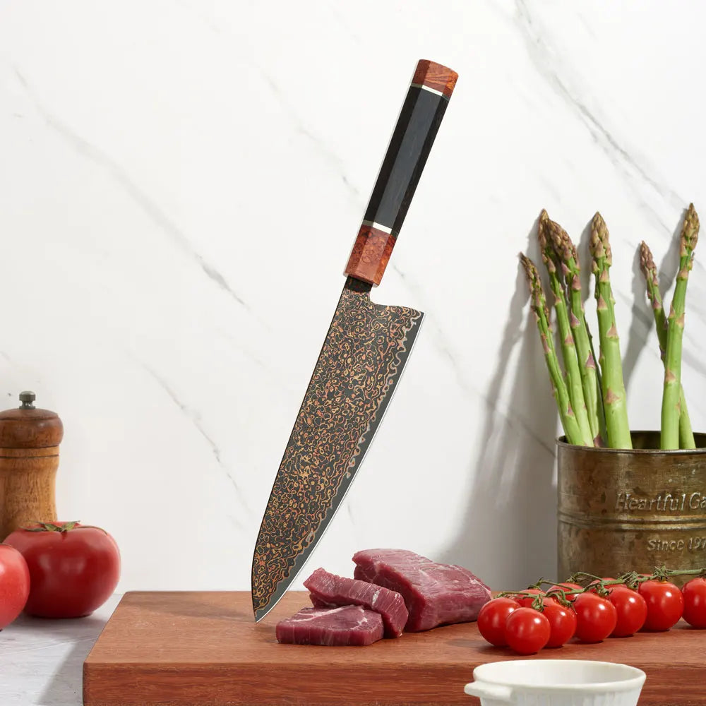 Amber New 8 Inch Chef Knife Wooden Handle DLC Black VG10 Copper Damascus Blade Japanese Kitchen Chef Knife
