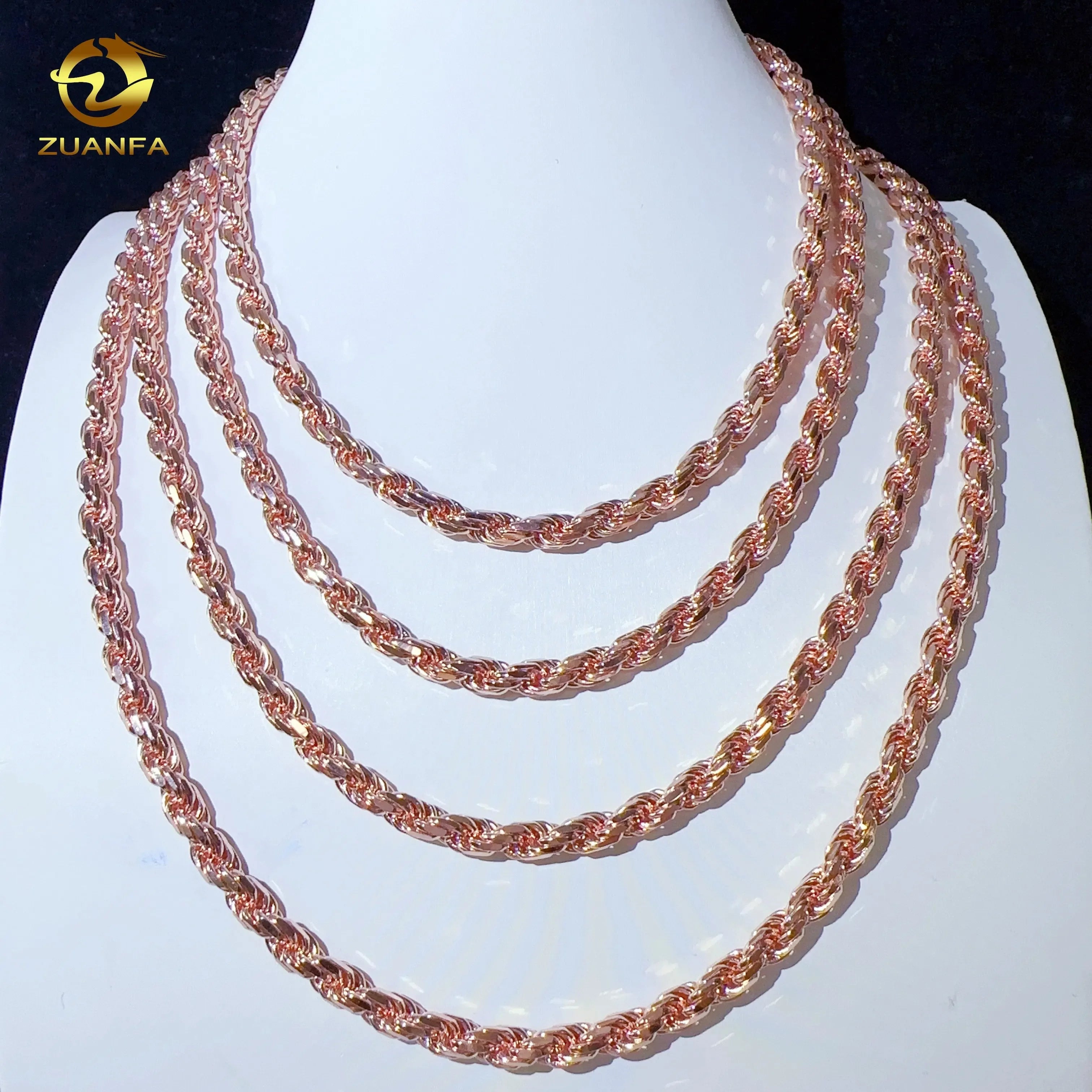 Wholesale Rope Chain Solid 18K Real Gold Plated 925 Sterling Silver VVS Moissanite Iced Out Clasp Rope Chain Necklace
