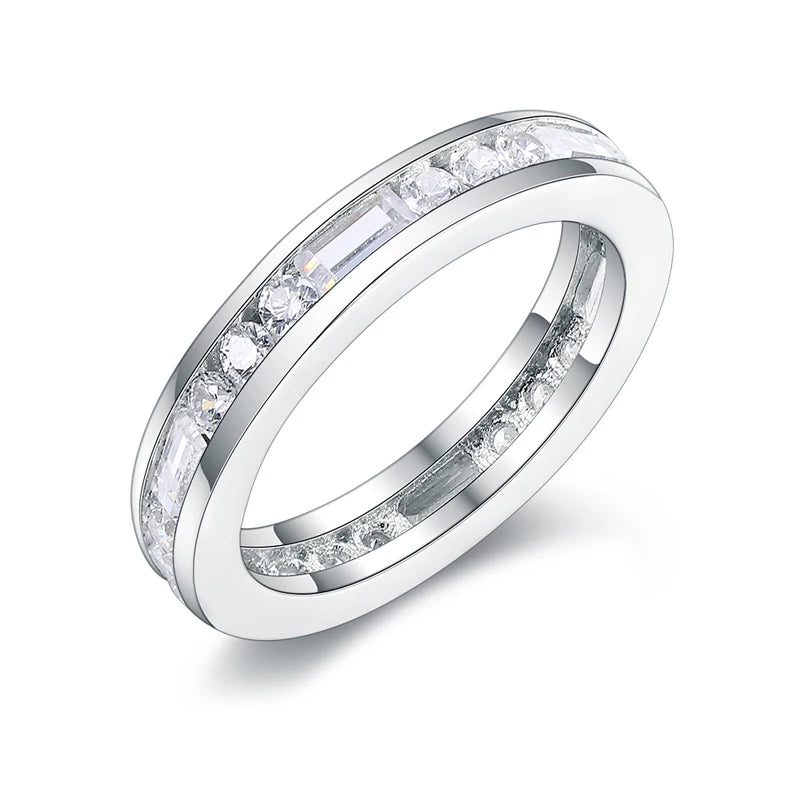 Fine Jewelry 925 Sterling Silver Wedding Band Rhodium Plated Channel Set Cubic Zirconia Gemstones Eternity Rings Women Party