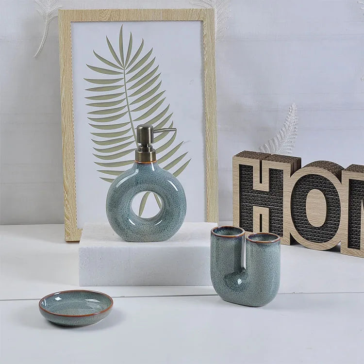 5pcs Transparent Eco-Friendly Nordic Empty Ceramic Transmutation Glaze Soap Dispenser Toothbrush Holder Cup Bathroom Set