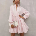 Elegant Women's Custom Summer Dress with V Neck Long Sleeves and Mini Skirt Breathable Stringy Selvedge Print Casual