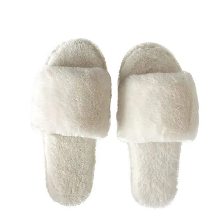 Women's Stylish Faux Fur Slippers Soft Flat Spa Fluffy Open Toe One Strap Indoor/Outdoor Warm Winter House Shoes Anti-Slippery MegaBDM
