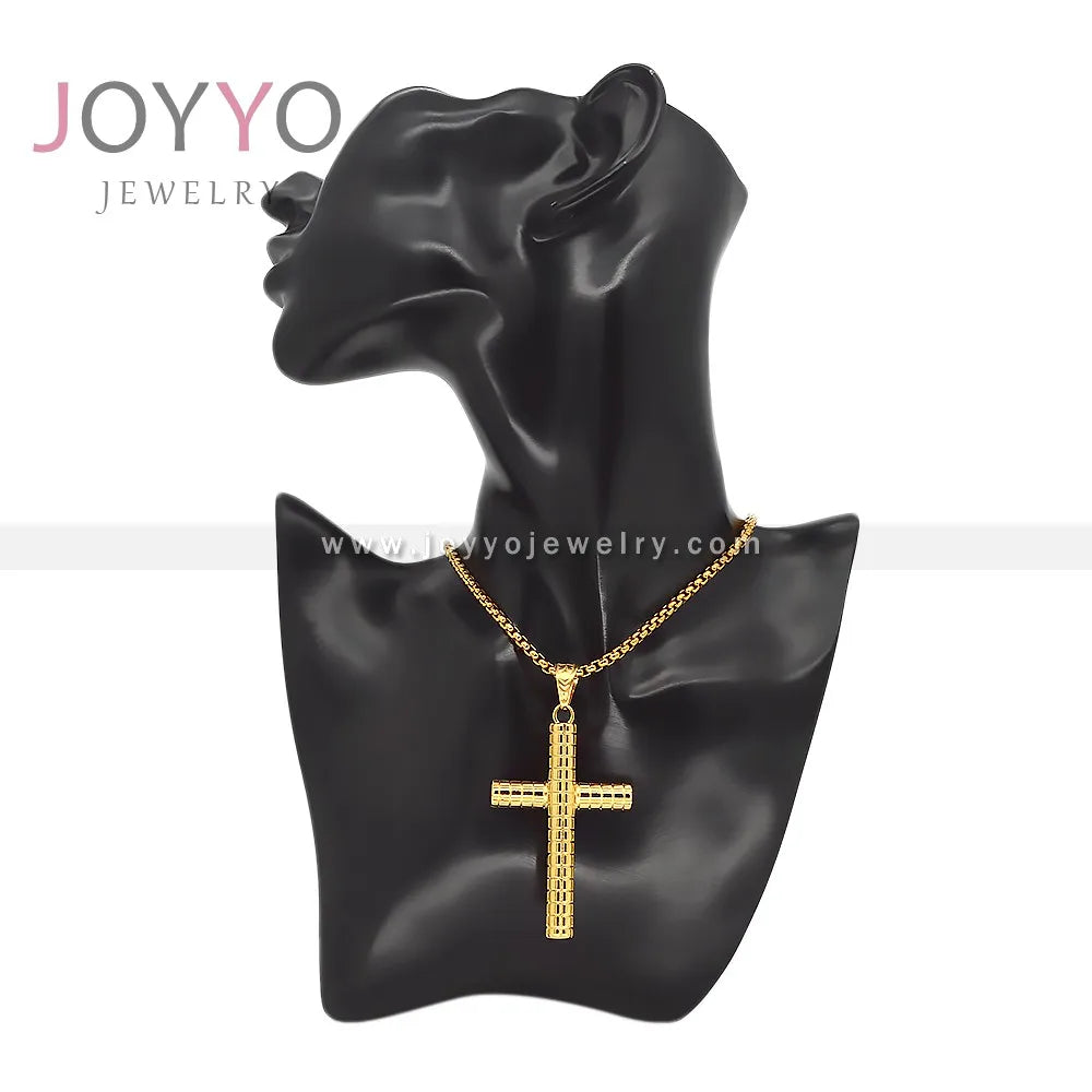 Gold Religious Round Tube Cross Pendant Simple Grooved Tyre Stainless Steel Cross Jewelry 24K Plating Faith Hope Jewelry