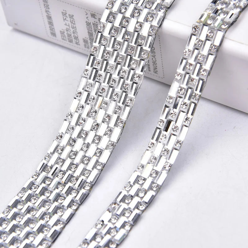 1-2cm Width Clear Glass Crystal Rectangle Trim Hot Fix Rhinestone Banding Strips for Wedding Dress Belt Clothing DIY Accessories