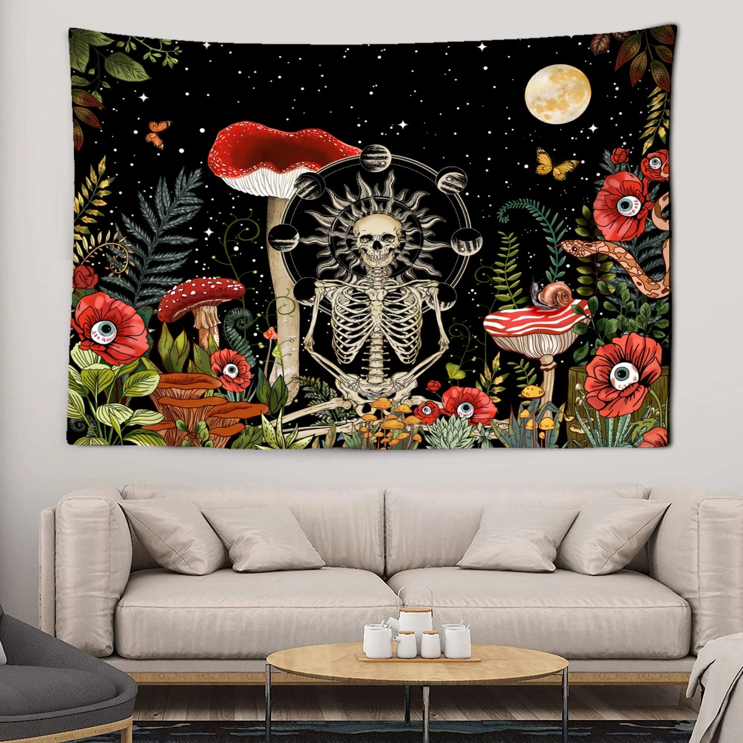 Customs Mushroom Skeleton Psychedelic Tapestry Sun Hippie Flower Cool Wall Tapestry Bedroom Aesthetics Living Room Dining Room