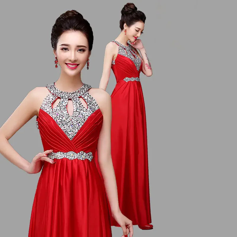 New Elegant Dress Bride's Neck Hanging Salute Evening Party Wedding Performance Host Evening Long Evening Dress for Female