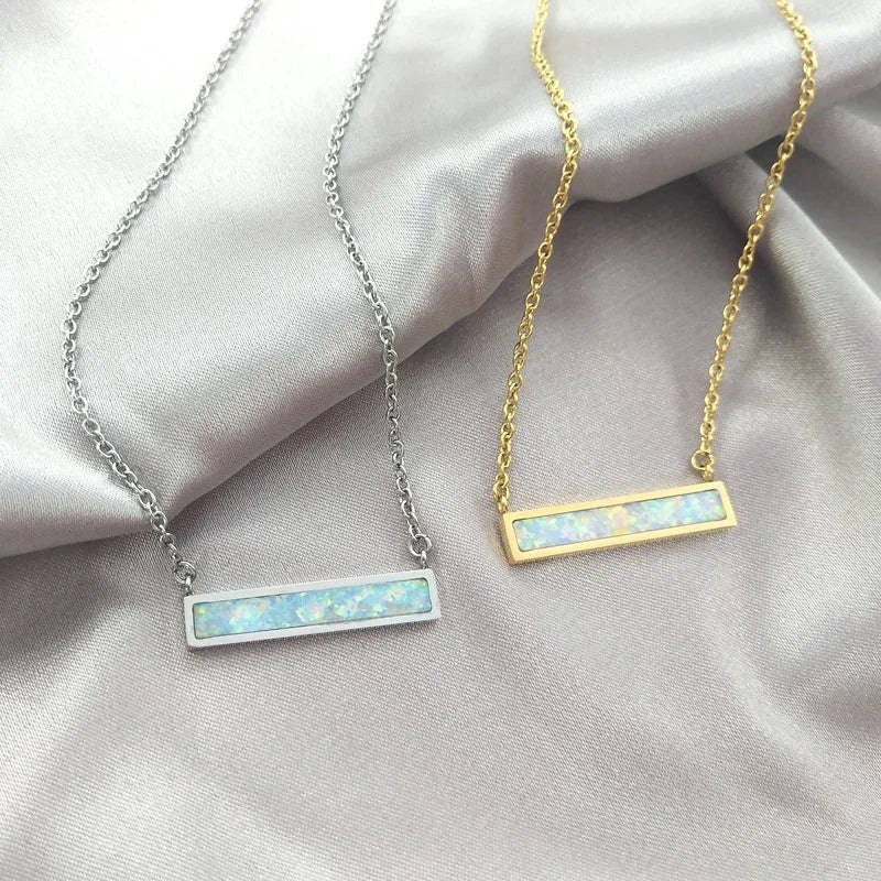 MECYLIFE Rectangular Shape Pendant Blue Classic Opal Necklace for Ladies Stainless Steel Jewelry