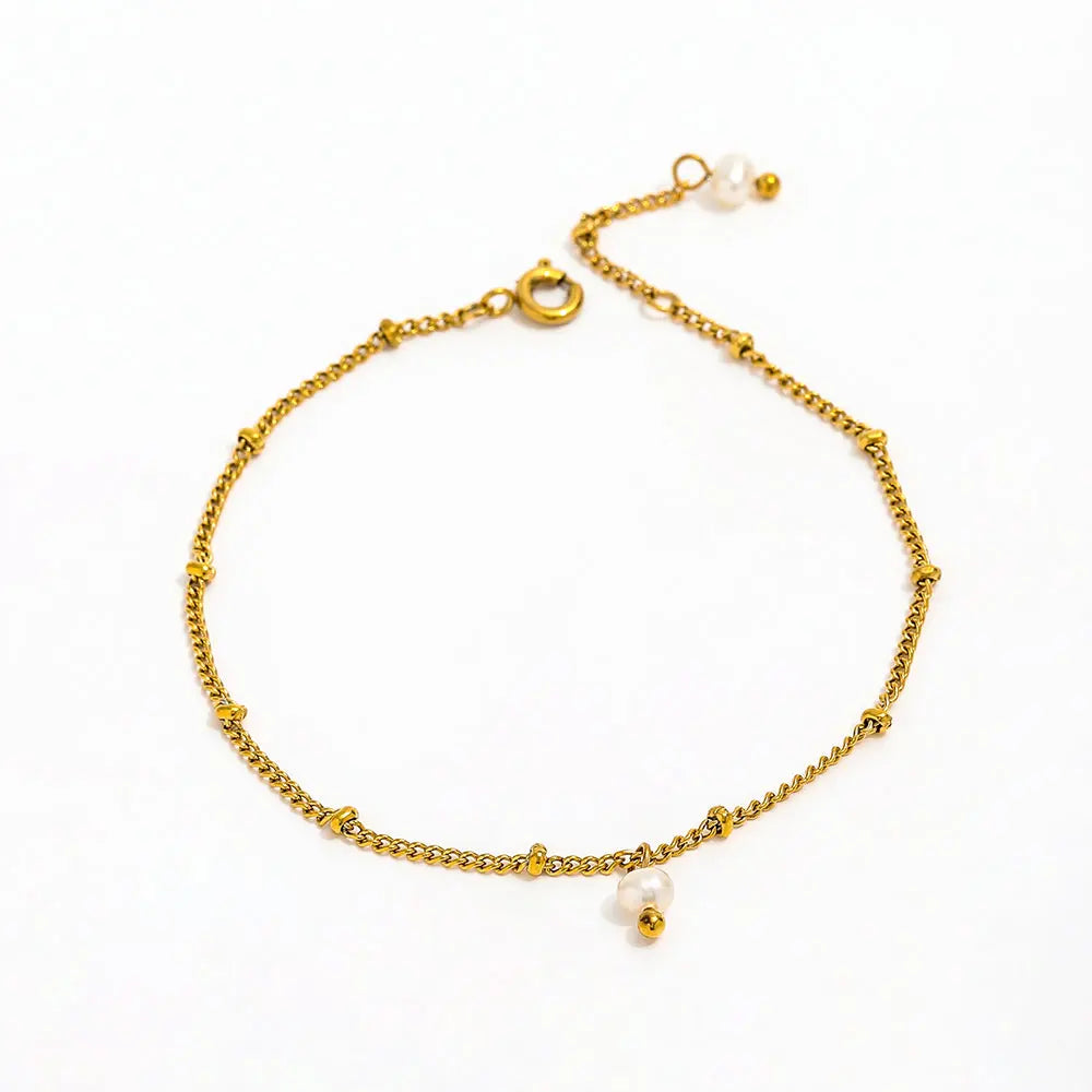 18K PVD Gold Plated Stainless Steel Fresh Water Pearl Bead Curb Chain Bracelet Vintage Style Gold Bracelet for Women Gift