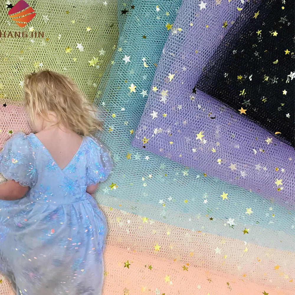 Golden Stars Moon Dot Printed Illusion Soft Mesh Fabric High Quality Glitter Printing Tulle Lace for Baby Girls Dress