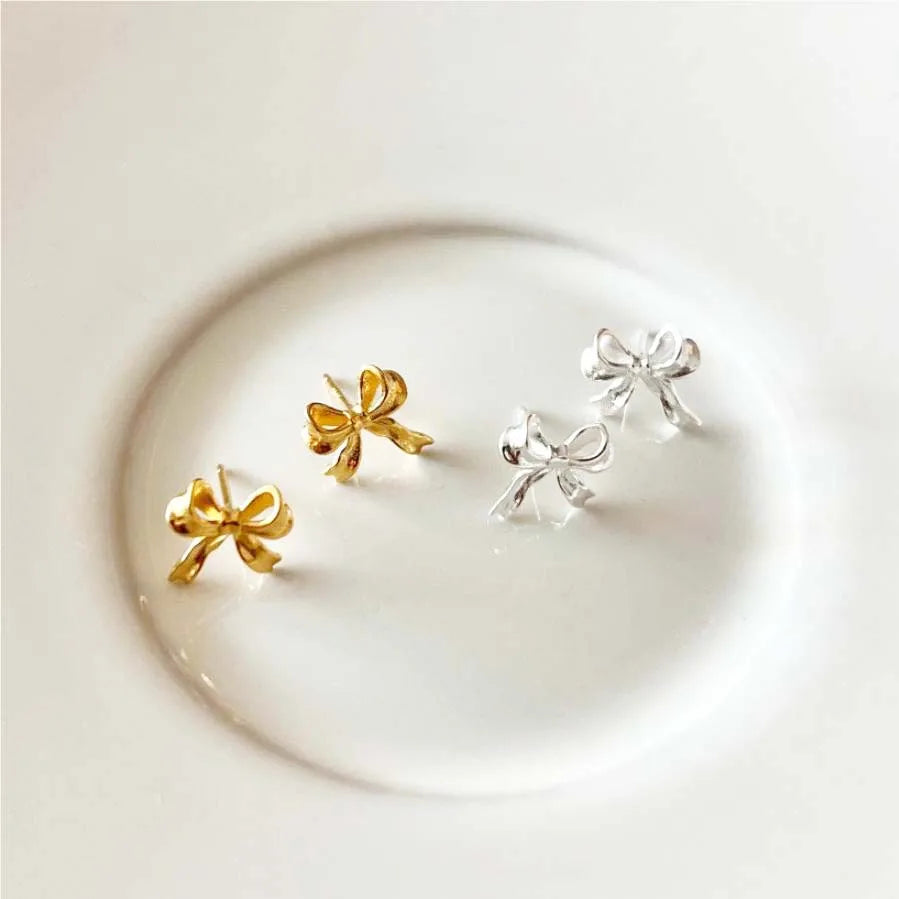 Cute Sterling Silver Fine Jewelry Gold Plated Ribbon Bowknot Stud Earrings Bow Earrings for Women