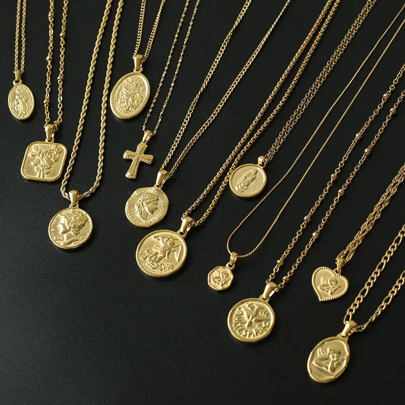Retro Multiple Styles Accessories Necklace 18K Gold Plated Stainless Steel Coin Pendant Necklaces