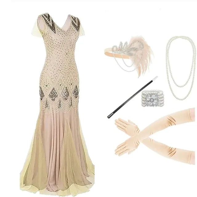 Women Vestidos 1920s Great Gatsby Dress Long Vintage Short Sleeve Maxi Party Costume for Prom Cocktail Mother of Bride Dresses