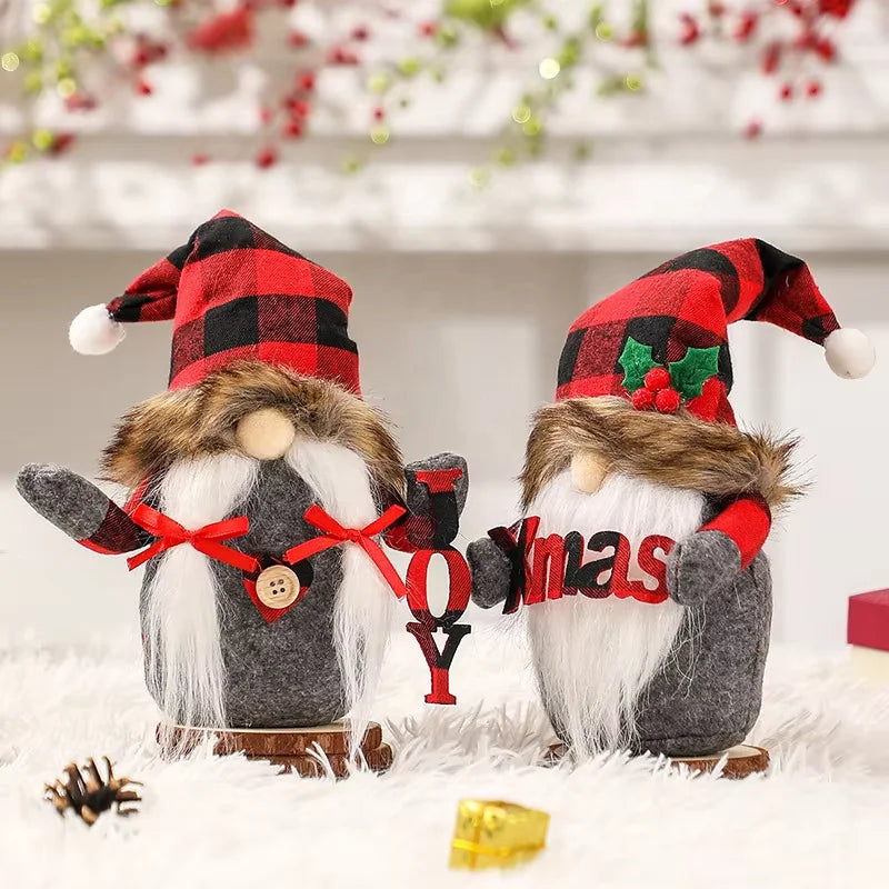 Xmas Ornaments Decoration Santa Claus Figure Faceless Doll Dwarf Red and Black Check Christmas Gnome Knitted Fabric 30x14cm