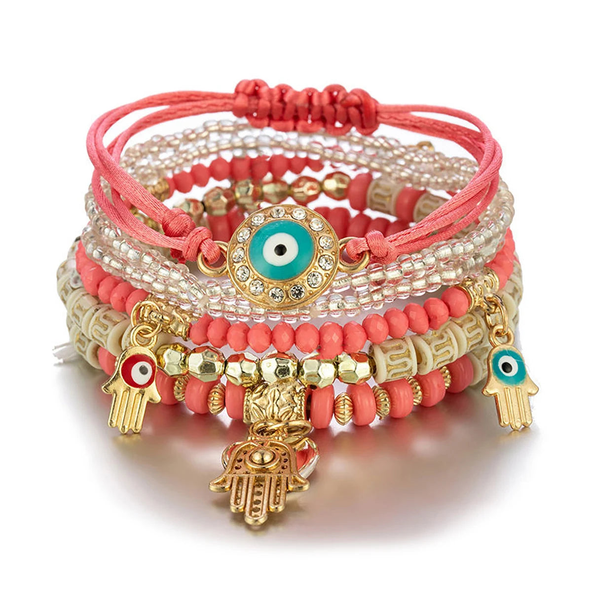 Wholesale Bohemian Vintage Jewelry Set Hand Palm Eye Couple Pendants for Lovers Small Beads Braided Rope Bracelet