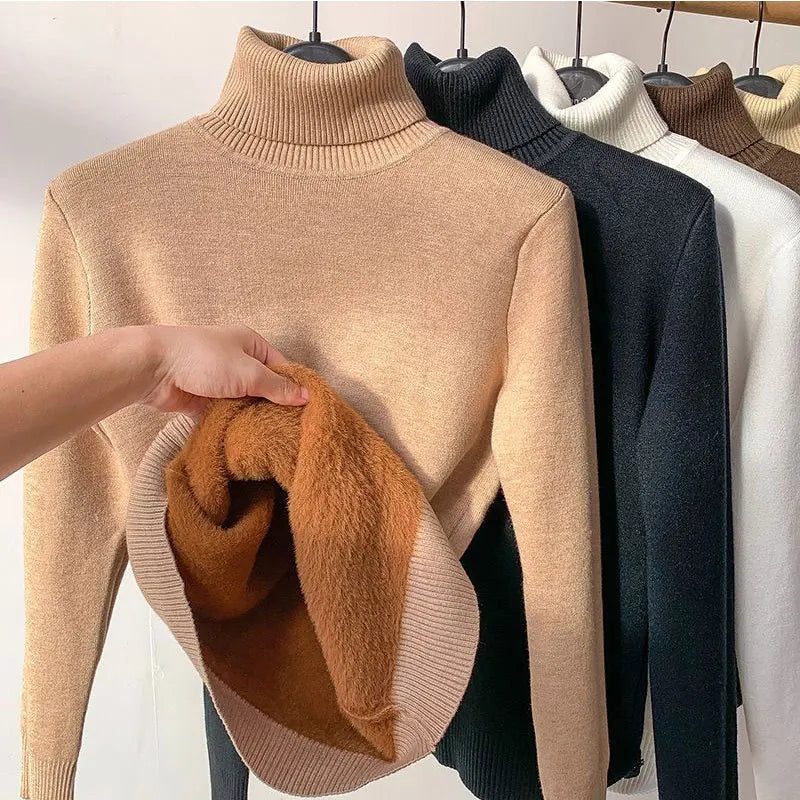 New Winter Turtleneck Sweater Women Keep Warm Fleece Lined Knitted Long Sleeve Pullovers Velvet Basic Slim Knitwear Jumper Tops
