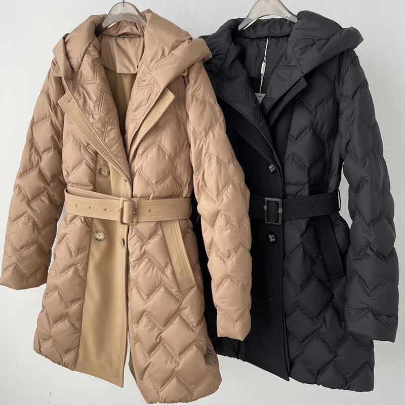 OFTBUY 2023 Women's Luxury Goose Down Jacket High-End Lightweight Winter Warm Trench Type Coat Belt Long Length Classic Style