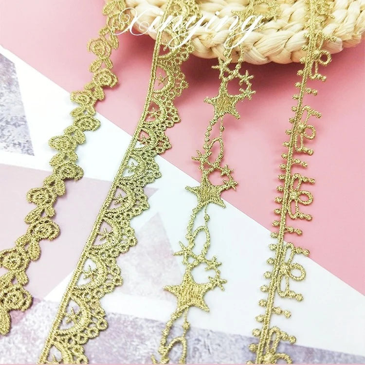 Wholesale Antique Gold Lace Trim Metallic Gold Lace Trim Wide Embroidery Lace Ribbon for Wedding Dress Encaje Dorado Renda Emas