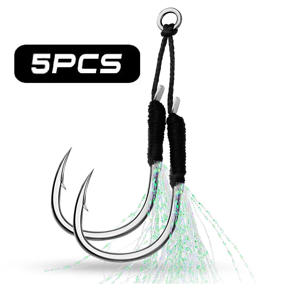 5pcs Glow Double Assist Fishing Hooks 11#-20# Jigging Slow Fast Fall Hooks PVC Silk Jigging Hooks for Saltwater
