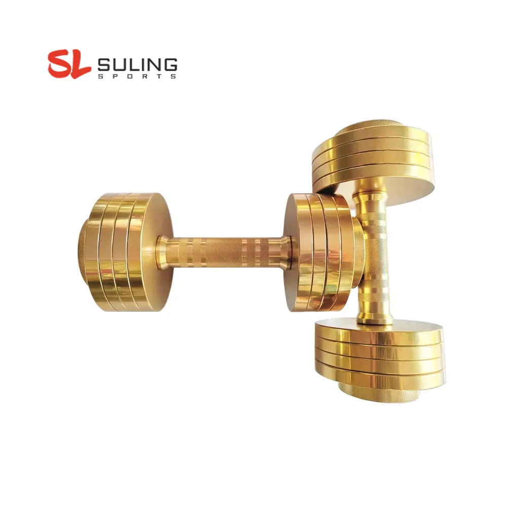Wholesale Gym Home Workout 10KG Titanium Coated Gold Plated Steel Round Adjustable Weight Dumbbells