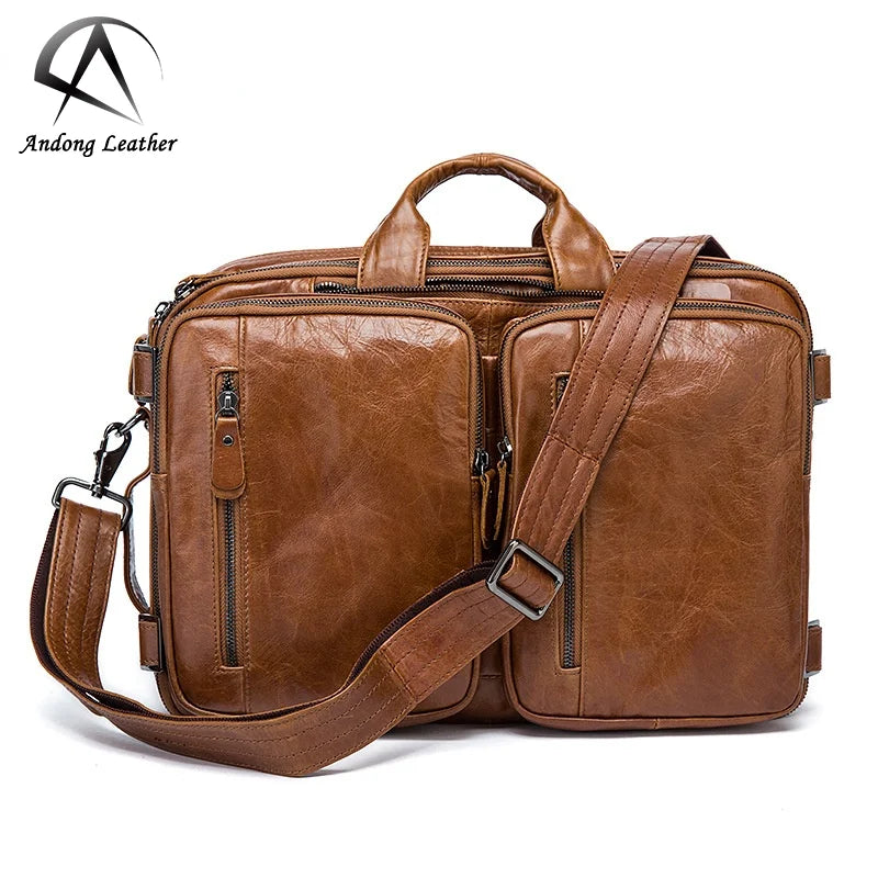 Andong Men Duffel Travel Messenger Bag Vintage Genuine Cow Leather Laptop Briefcase Waterproof Backpack Shoulder Bags Business