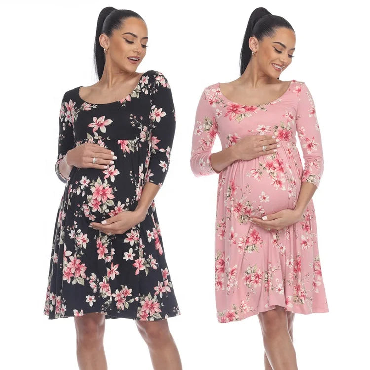 Maternity Clothes Rose Print Pleated Waist Mini Pregnancy Dress With 3/4 Sleeves