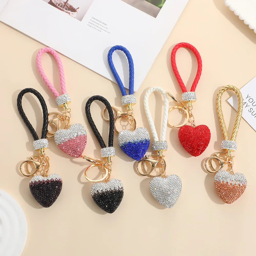 Fashion Creative Gradient Color Rhinestone Love Charm Leather Wristband Heart Shaped Rhinestone Keychain