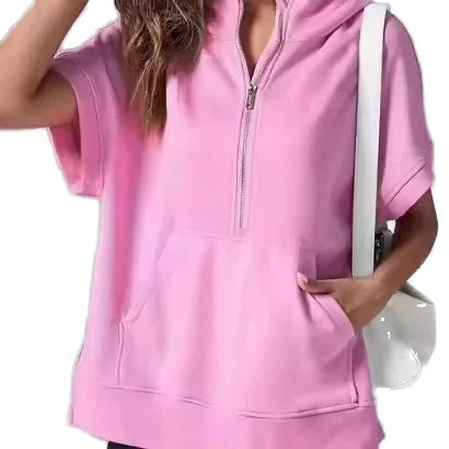 OEM Women's Oversized Half Zip Hoodies Short Sleeve Casual Sweatshirts Pullover Tops with Pockets