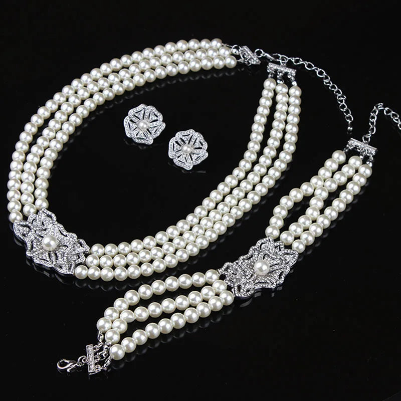 Bride Wedding Multilayer Three Layer Collar Necklace Earring Bracelet Jewelry Sets Imitation Pearl Crystal Jewelry Pearl  Set