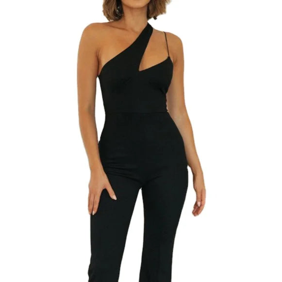 Fashionable Halter Rompers Women Corset  Black Neckline Casual Jumpsuit Sloping Shoulder Slim Jumpsuit