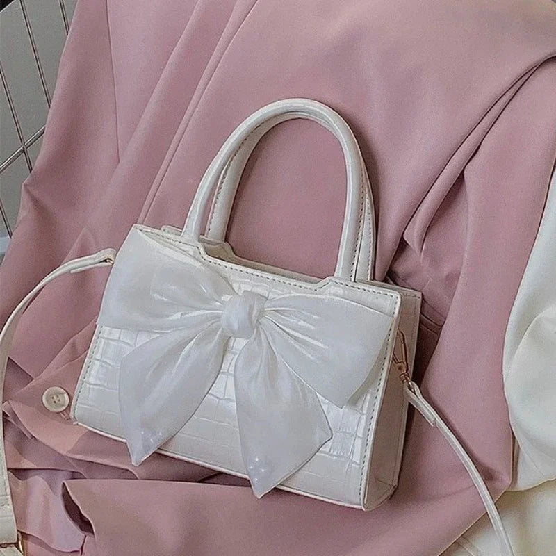 Women's Small Square Shoulder Bags Fairy Girl Sweet Bow Clutch Purse Handbags Crocodile Pattern PU Leather Female Messenger Bag