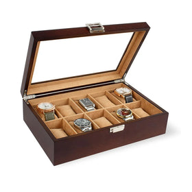 Wooden Box with Hinged Lid 10 Slot Watch Case with Real Glass LidWooden Watch Display Case with Velvet Pillow Watch Storage Box