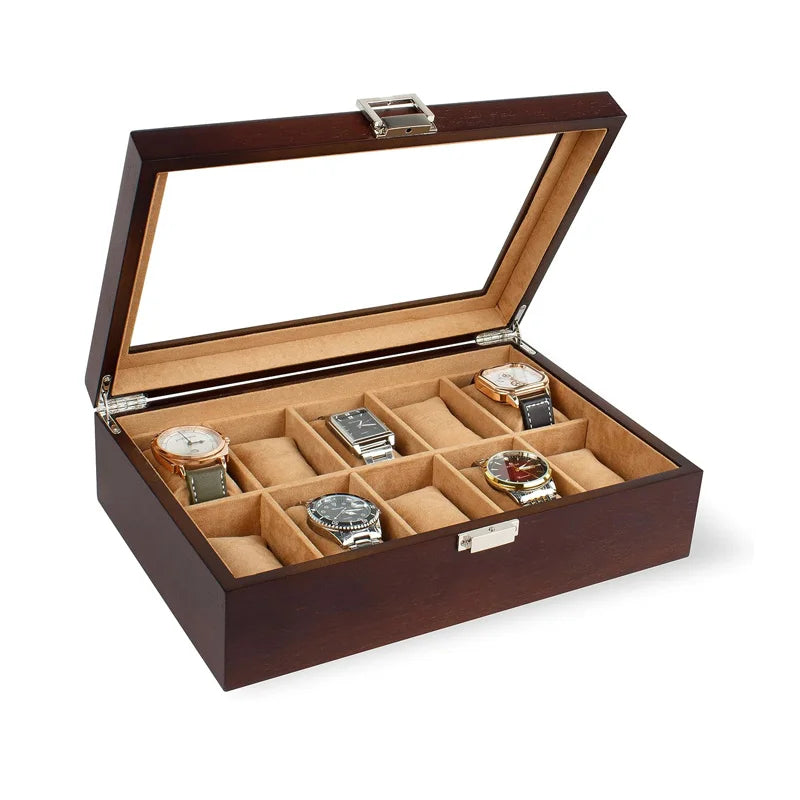 Wooden Box with Hinged Lid 10 Slot Watch Case with Real Glass LidWooden Watch Display Case with Velvet Pillow Watch Storage Box