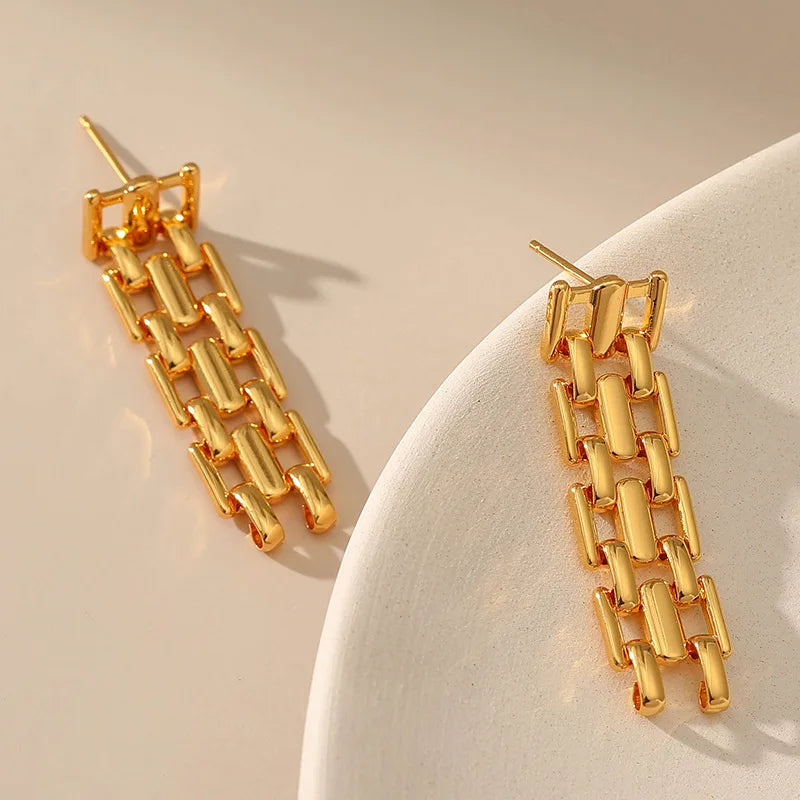 Ladies Fashion Chic Copper 18k Gold Plated Watch Band Chain Dangle Drop Earring for Women