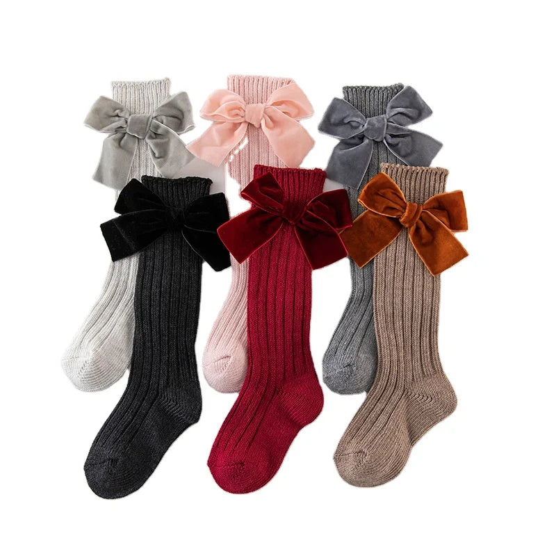 Fashion Baby Girls Velvet Ribbon Big Bow Knee High Socks Child Coarse Needle Knitted Cotton Hosiery Kids Girls